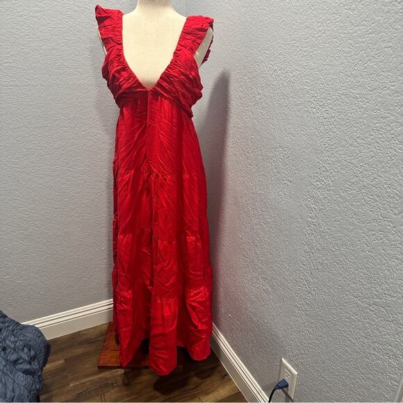 Jason Wu Size XL Red Linen Blend Ruffle Tiered Maxi Dress Resort Coastal Elegant - Picture 1 of 7